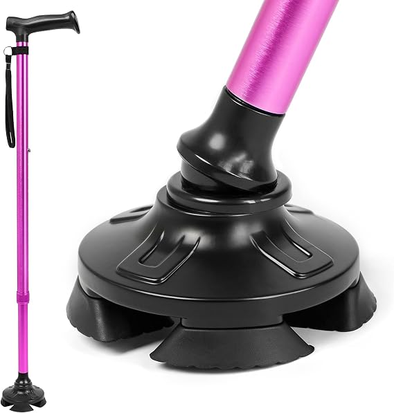 Adjustable Walking Cane for Women,10-Level Height Telescopic Walking Stick with 4-Prong Anti-Slip Pivoting Base, Wrist Strap, Heavy Duty Walking Aid for Adults & Elderly