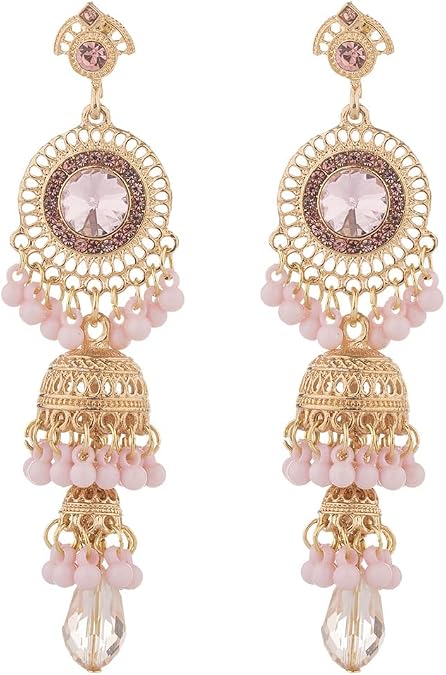 Vintage Jhumka Jhumki Tassel Drop Dangle Earrings Indian Ethnic Beaded Bell Statement Antique Traditional Earring for Women Crystal Wedding Party Festival Bohemian Bollywood Jewelry Gift