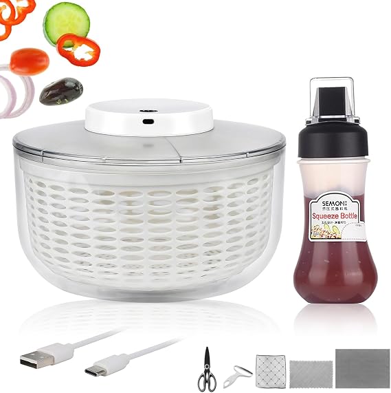 Electric Salad Spinner 6 L Salad Spinner Salad Spinner with Lid with 350 ml Squeeze Bottle & Kitchen Grater Electric Vegetable Washing Machine with USB Automatic Salad Spinner with Lid