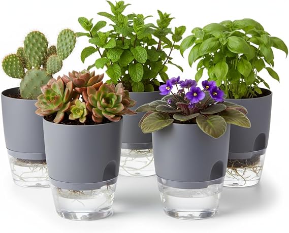 3.2 Inch Self Watering Planters 5 Pack Plastic Wicking Pots Grey | Modern self-watering pots for African violets herbs and small plants perfect for windowsill gardening