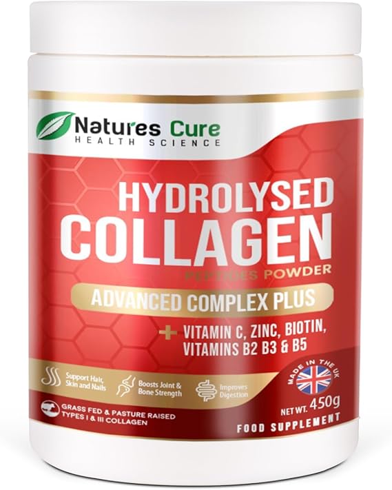 Premium Collagen Powder Complex – Bovine Collagen Peptides 450g- Enriched with Essential B Vitamins, Vitamin C, Zinc & Biotin – Pure Hydrolysed Collagen Supplement – by Natures Cure