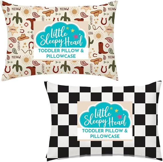 Little Sleepy Head Toddler Pillow with Pillowcase (Giddyup) and Toddler Pillow with Pillowcase (Checkers Black) Bundle