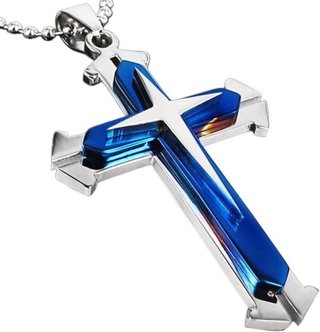 Men Titanium Steel Cross Necklace (blue-2)