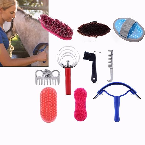 10PCS Horse Cleaning Tool Set, Horse Grooming Care Kit Horse Brush Set with Hoof Pick Sweat Scraper Assorted Hair and Curry Comb Pick Itching Brushes