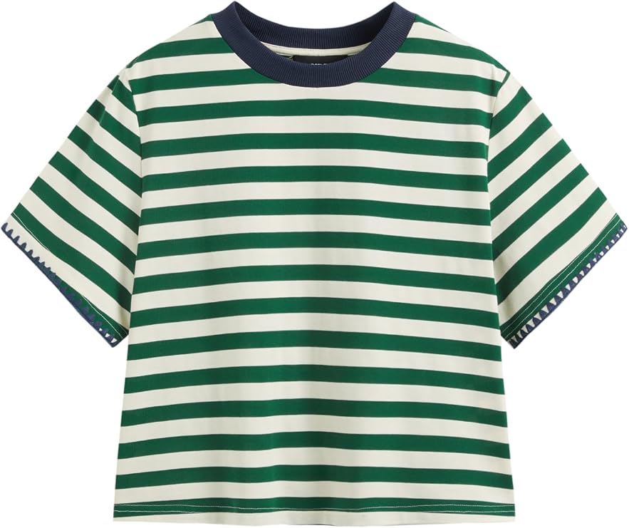 CIDER Women Stripe Crop Boxy Top Oversized Summer Crew Neck T-Shirt Cotton-Blend Short Sleeve Tee