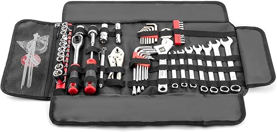 Mofun 64-Piece Motorcycle Tool Kit With Roll Pouch Compatible with Harley Motorcycles Include Long Pattern Combination Wrench Set Dr Spark Plug Socket Metric Hex Key Set Star Key Set, Black