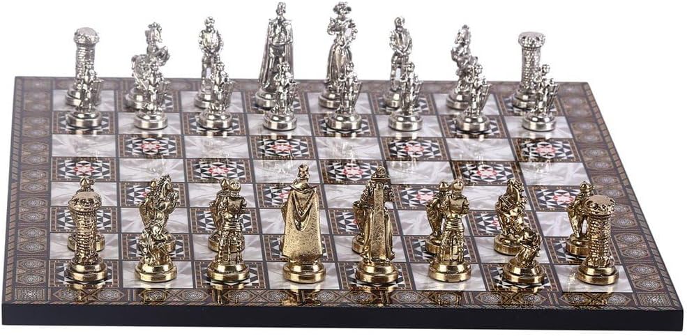 GiftHome Metal English Chess Set Medium Size Glossy and Mother of Pearl Board
