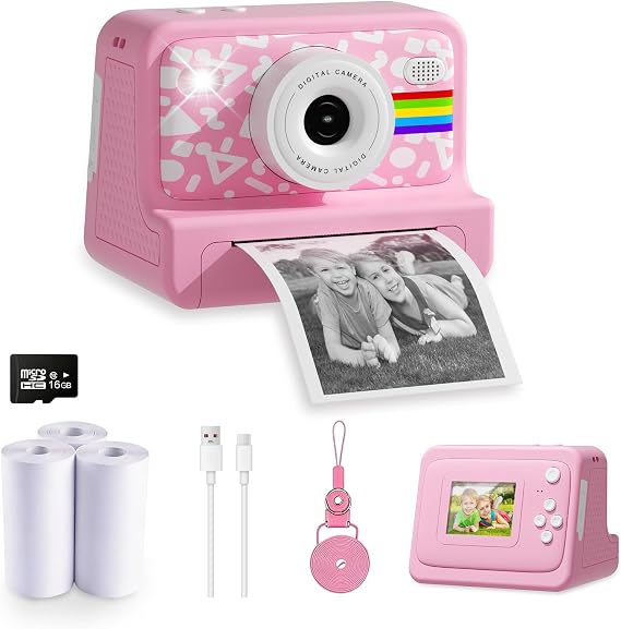 AI Instant Camera, Dual-Lens Kids Camera Instant Print for Boys Girls Christmas Birthday Gifts, Digital Cameras for Kids Teens with Print Paper, 16GB Card, Toddle Toy for Age 4-12 Years(Pink)