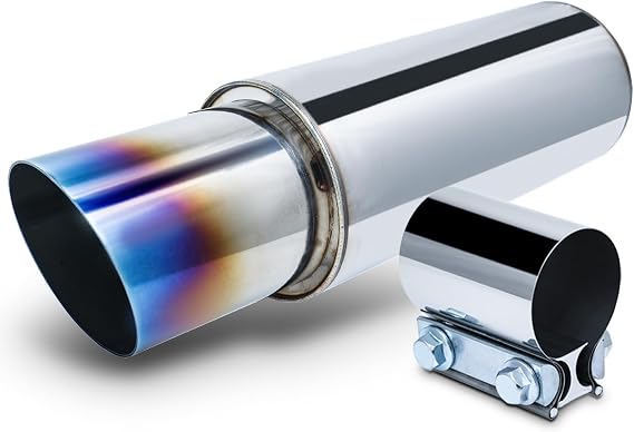 M-AUTO Universal Chrome Welded Muffler, 2.5" Inlet and 4" Outlet Heavy Duty Stainless Steel Direct Fit 17" Overall Length Exhaust Muffler Assembly Angle Cut Tip, Chrome