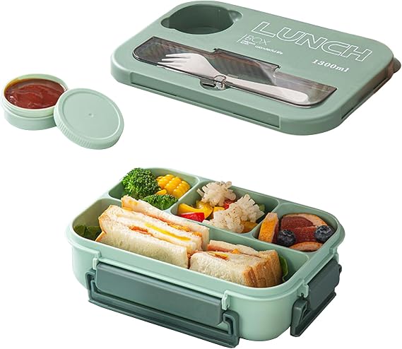 Bento Lunch Box with Tableware, 1200ML Lunch Box-Double Layered 6 Compartment Bento Box, Built-in Utensil Set, Leak-Proof (Green-II)
