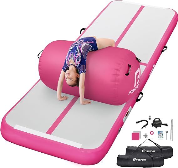FBSPORT Inflatable Air Gymnastics Mat 4 inches Thickness and Air Roller 40x23.6 inches with Electric Air Pump 10ft/13ft Training Mats for Home Use Cheerleading Outdoor Training Park Yoga Beach