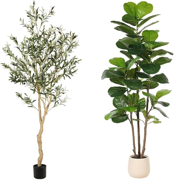 6ft Faux Olive Tree + 6ft Fiddle Leaf Fig Tree Artificial with Tall Exquisite Planter