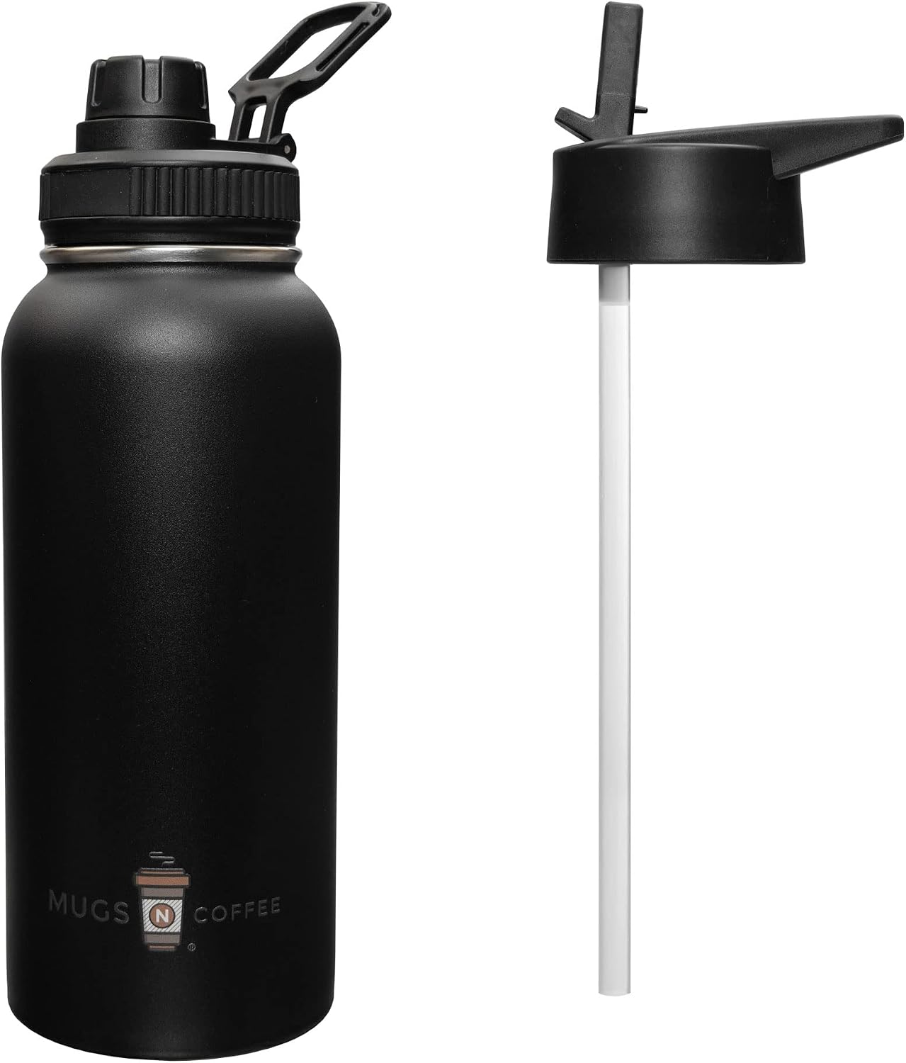 Mugs N Coffee 32 oz Stainless Steel Water Bottle – Black Vacuum Insulated Travel Mug with Two Lids – Double Wall, Leak-Resistant, BPA-Free, Powder Coated