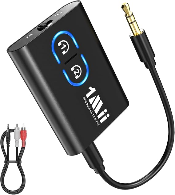 1Mii Bluetooth 5.3 Transmitter Receiver for TV, Airplane to 2 Headphones | aptX Adaptive/Low Latency/HD, Dual Link 3.5mm Aux/RCA Bluetooth Adapter Receiver for TV, Flight Travel, Gym, Boat/Home Stereo