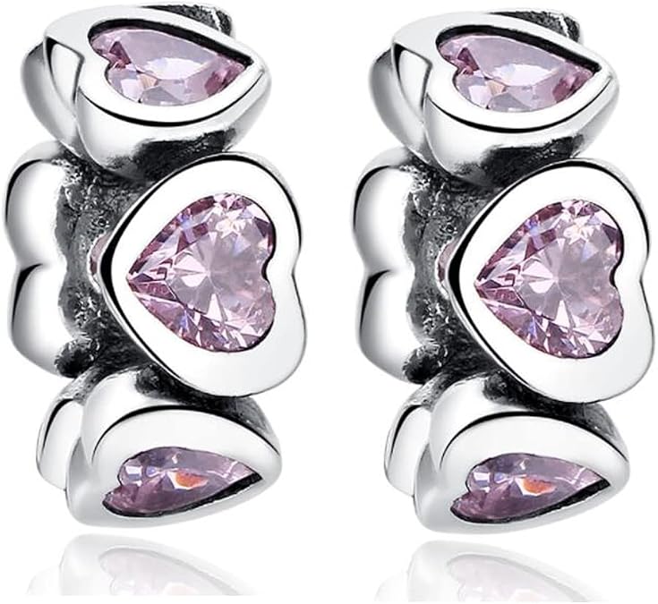 Charm Bracelet Spacer Beads Sterling Silver 2pcs Rubber Stopper Charm Spacer Beads for Pandora Charm Bracelet Beads (Pink Crystal Love Charm)