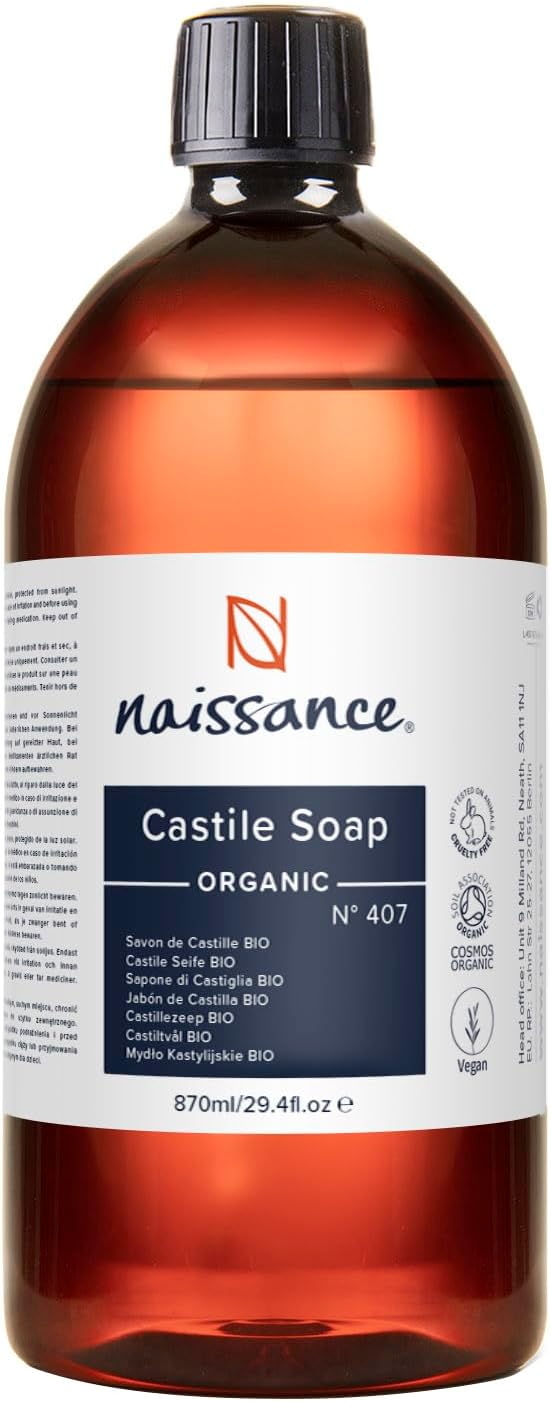 Naissance Organic Liquid Castile Soap (no. 407) - 870ml - Natural, Vegan, Unscented, SLS and SLES Free - for Homemade Beauty, Hand Wash, Dish Soap