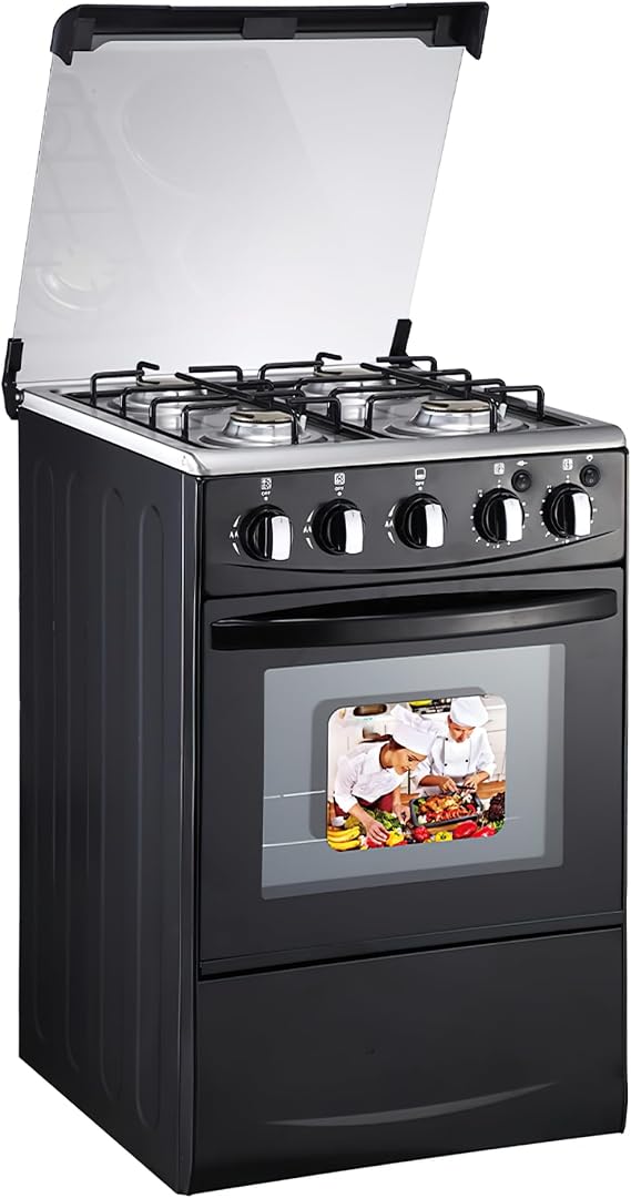 Gas Range with Double-Layer Glass Door, 4 Burners, Cast Iron Rack, 60L Capacity, Dedicated LPG
