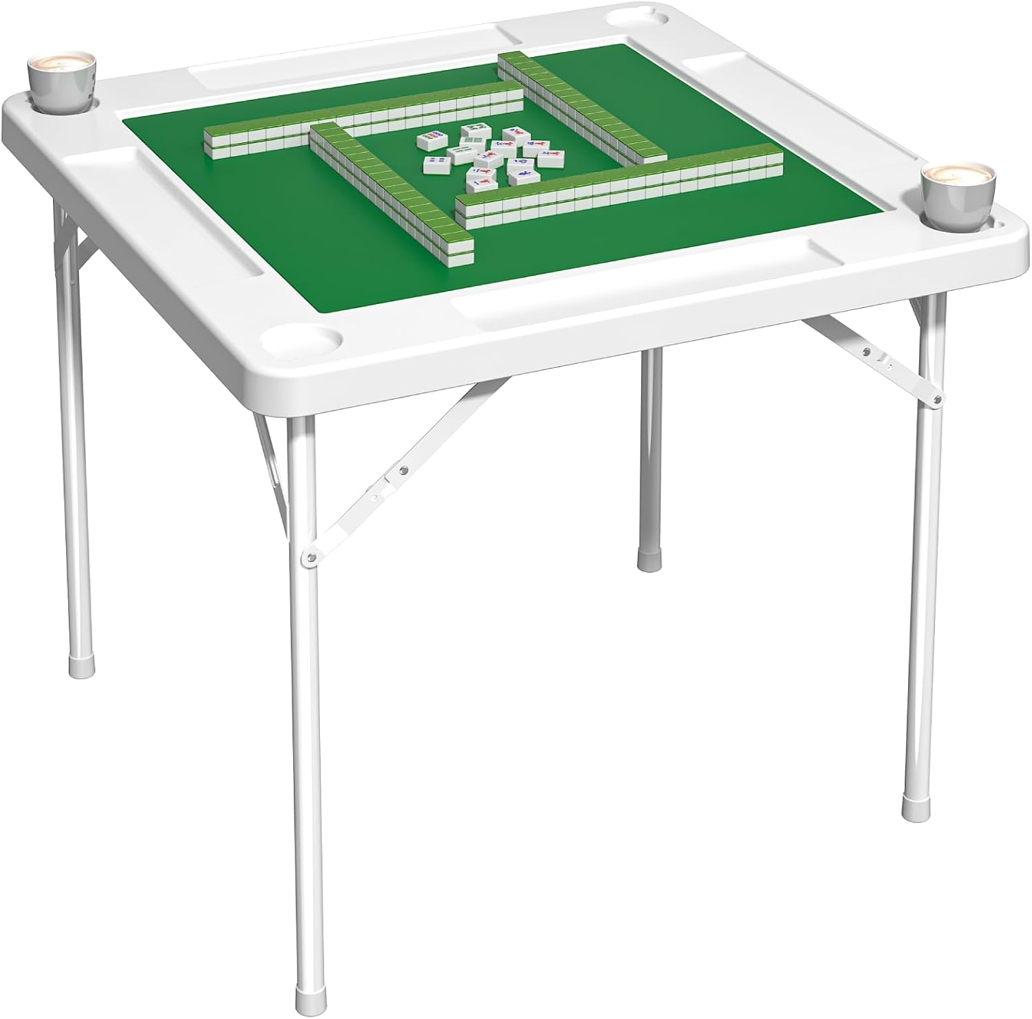 35.4 Square Folding Card Table with Green Felt Surface - Multi-Game Mahjong Table, Domino and Poker Tables for 4 Players, Portable Design with Built-in Cup Holders for Home & Party Use