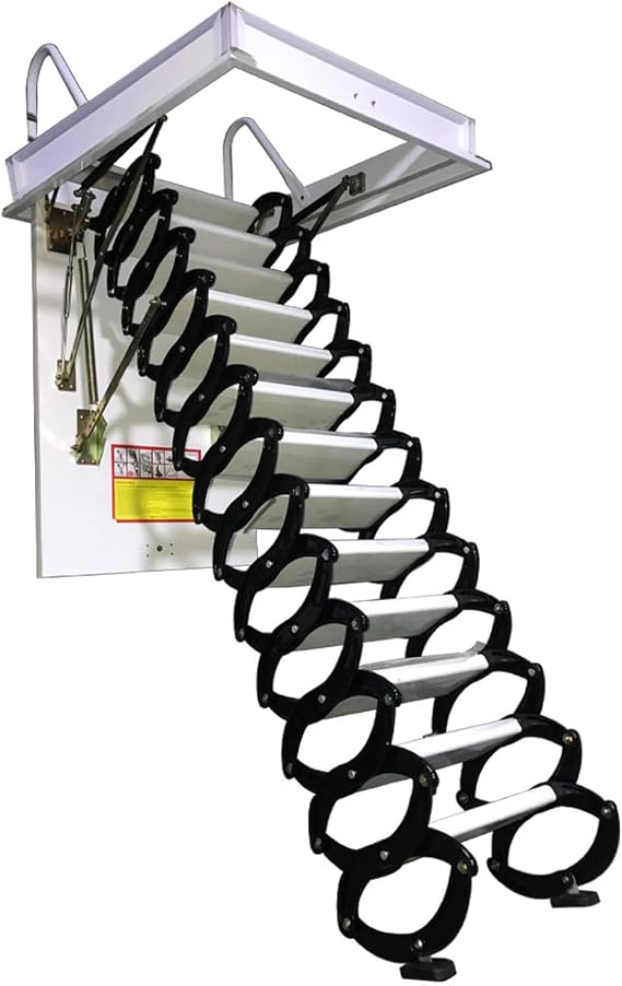 Attic Ceiling Pull Down Ladder, 13 Steps Telescopic Attic Ladder, 10.5FT Attic Access Ladder, Aluminum-Magnesium Alloy Folding Ladder Loft Stairs, 31.5'' x 39.3'' Opening Size, Black & White