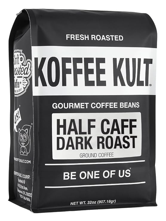 Koffee Kult Half Caff Coffee Whole Bean Dark Roast Half Caffeine Decaf Low Acid Naturally Decaffeinated (32oz, Ground)