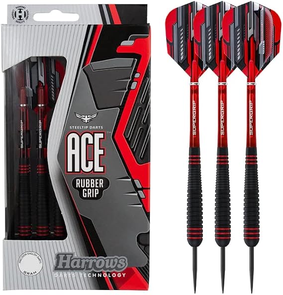 Harrows 20g ACE Steel Tip Darts, Non Slip, Vulcanised Rubber Grip, 20 Gram