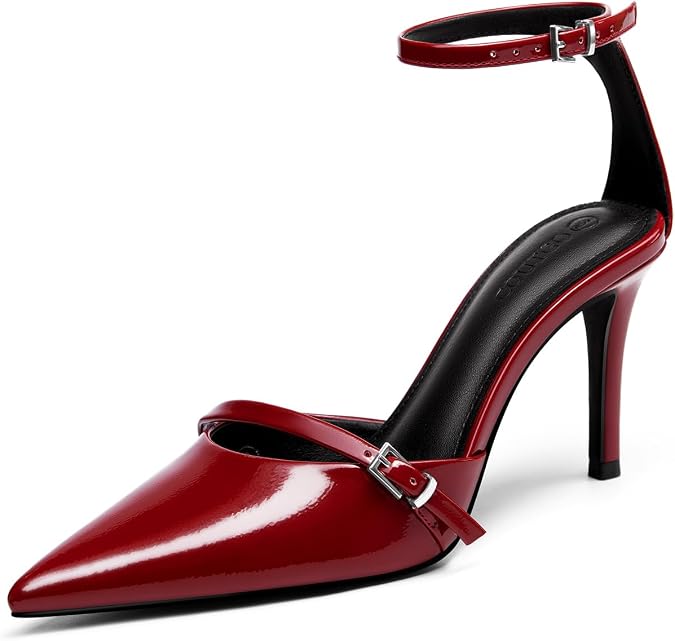 Coutgo Womens High Heels Closed Pointed Toe Ankle Buckle Strap Sexy Pumps Wedding Party Dress Shoes