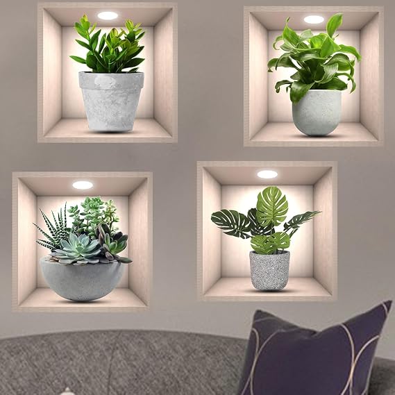 iMagitek 4 Pack 3D Green Plants Wall Stickers Botanical Plants Wall Decals for Bedroom Living Room Kitchen