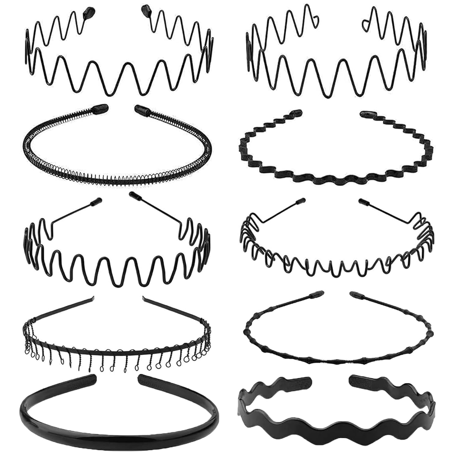 Metal Hair Band for Men Women Black Wave Non-Slip Elastic Headbands Beauty Care Suitable for Outdoor Sports Daily Makeup Yoga (Pack of 10)