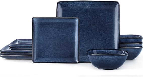 Herogo 12 Pieces Square Stoneware Dinnerware Set for 4, Starry Blue