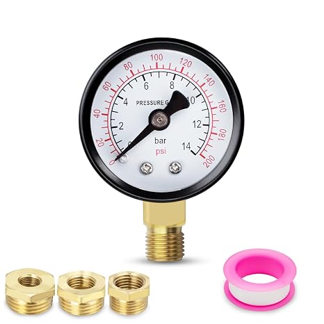 1 Pcs 40mm Well Pump Pressure Gauge BSP 0-14 Bar 0~200 Psi with 3 Pieces Bushing 1/4", 1/2", 1/8" to 3/8", One Teflon Tape, Radial