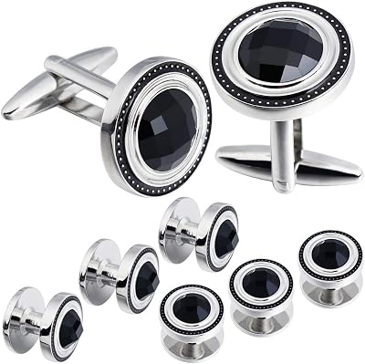 HAWSON Crystal Cufflinks and Studs Sets for Mens Tuxedo Shirts,Including One Pair Cufflinks for Men with 5 pcs Studs and Black Gift Boxes Suitable for Christmas,Fathers Day,Business