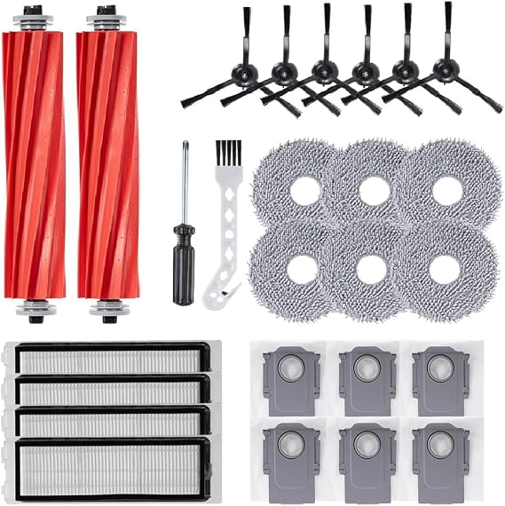 26 PCS Replacement Accessories for Roborock Q Revo Robot Vacuum(Not for Qrevo S/Pro/Plus/MaxV), 2 Main Brushes, 4 Filter, 6 Mop Cloths, 6 Dust Bags, 6 Side Brushes, 1 Cleaning Brush, 1 Screwdriver