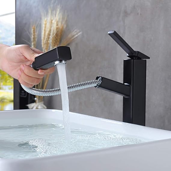 Tall 1 Hole Pull Down Vessel Sink Faucet with Pull Out Sprayer | Modern Single Handle Lavatory Utility Basin Mixer Tap, 360 Rotatable Spout, Tall Body Design, Matte Black