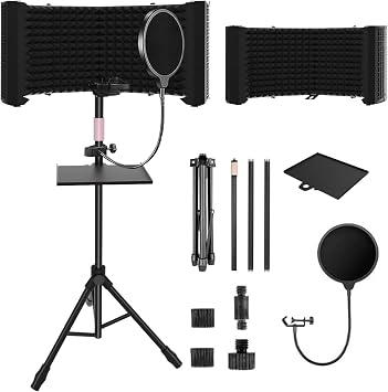 6-Panel Microphone Isolation Shield with Adjustable Stand Foldable Soundproof Vocal Booth for Recording,Podcasting, Streaming, Singing, YouTube Videos