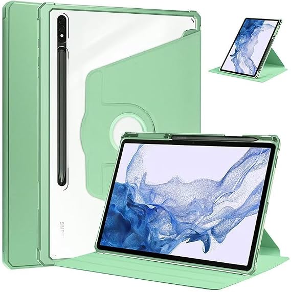 360 Degree Rotating Stand Compatible with Galaxy Tab S10 Lite / S10 FE / S9 FE 10.9 Inch Case Tab S9 11 Inch Vertical Cover S Pen Storage Charging Compatible Lightweight Shockproof Transparent Back