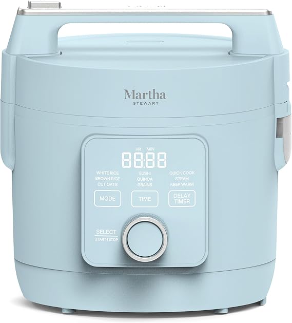 Martha Stewart 8 Cup Cooked (4 Cup Uncooked) Rice Cooker & Steamer, Blue | PFAS-Free Ceramic Nonstick Removable Pot, 9 Modes, Keep Warm, Steamer, White & Brown Rice, Quinoa, Grains, Oats, Easy Clean