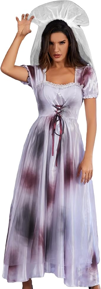 Zombie Bloody Bride Costume for Women Corpse Dress Halloween Cosplay Party