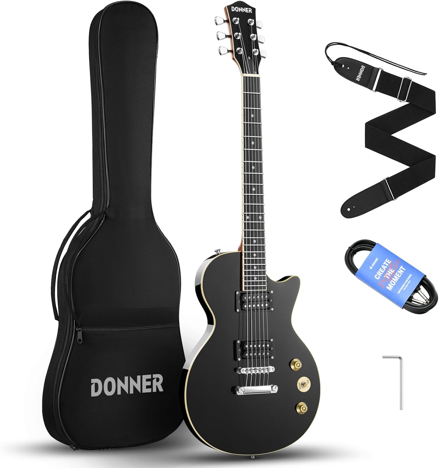 Donner LP Electric Guitar Kit Full Size Guitar Starter Set 39 Inch Solid Body with Bag, Strap, Cable (LP Style, Black)