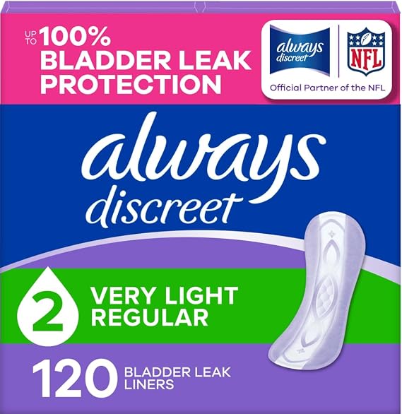 Always Discreet Incontinence Panty Liners for Bladder Leaks, Size 2, Very Light Absorbency, 120 Count
