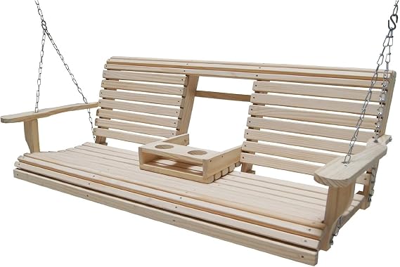 5 Ft Wooden Porch Swing with Flip Cup Holder, Swing Chair Bench with Hanging Chains for Outdoor Patio Garden Yard (Natural Wood)
