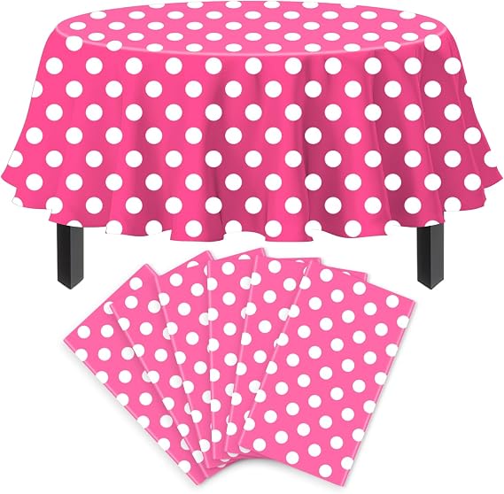 6 Pack Pink and White Polka Dots Round Tablecloth Pink Round Table Cover with White Polka Dot Plastic Table Cloth 84 in for Kitchen Dining Wedding Party