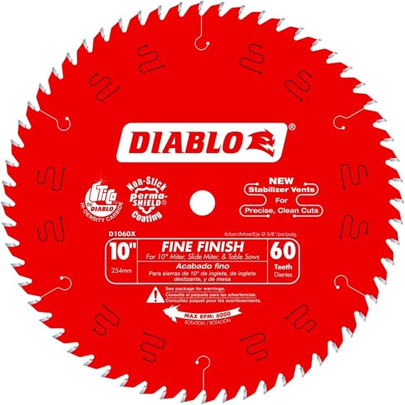Diablo Fine Finish Saw Blade for Wood - 60 Hi-ATB Teeth, 10" Diameter | Ultra-Smooth Cuts, .098" Kerf, 5/8" Arbor - D1060X