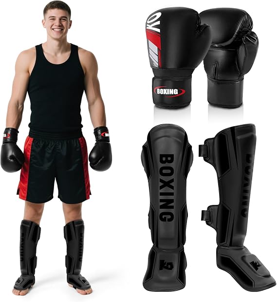 Kickboxing Shin Guards Muay Thai Shin Pads with 16 OZ Boxing Gloves, Adjustable Leg Guards with Instep Protection Shinguards with Workout Gloves Martial Arts Training Equipment for MMA Training
