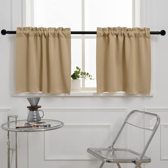 Pickluc Blackout Kitchen Curtain 20 Inches Long, Rod Pocket Cafe Tier Curtains for Small Window Treatment in Living Room, Basement, RVs, Cabinets, 2 Panels, W24 X L20 Inch, Beige