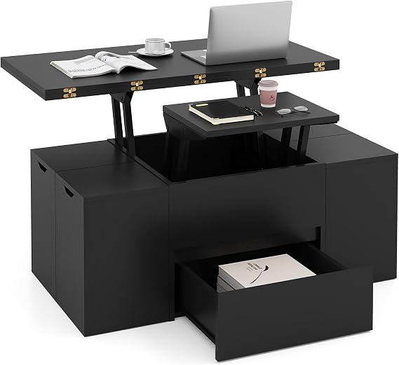 COSTWAY Lift Up Top Coffee Table, 3-in-1 Expandable Wooden Cocktail Center Table with 4 Storage Stools, Hidden Compartment & Drawer, Rectangle Accent Sofa Side Dining Table for 4-8 People (Black)