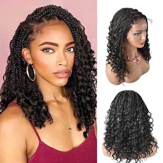 Short Braided Wigs For Black Women Curly Cornrow Hand Braid 18 Inch Swiss Lace Front With Baby Hair Box Braid Wigs Synthetic Hand-Braided Braiding Hair Wigs1B