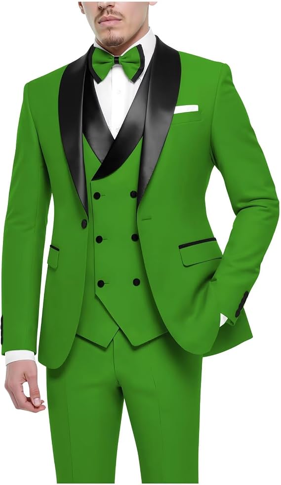 HUUTOE Men's 3 Piece Suits Slim Fit Tuxedo Wedding Formal Prom Suit Double Breasted Shawl Lapel Tux Set with Bow Tie