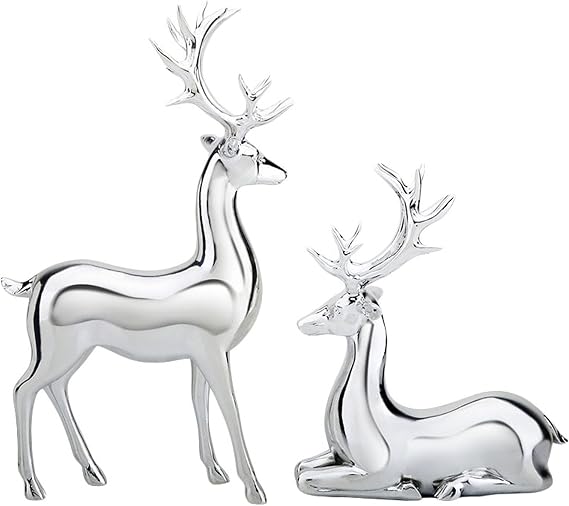 DSORVICD 2pcs Reindeer Christmas Decoration Resin Sitting Standing Deer Statue Elk Christmas Reindeer Figurines for Home Decor Office Desktop (Silver, One Size)