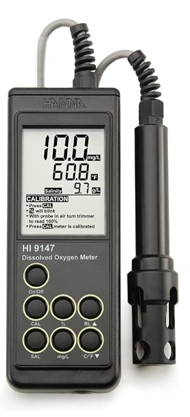 Hanna Instruments HI9147-04 Water-Resistant Dissolved Oxygen Meter, For Aquaculture, 4m Cable, 0.0 to 50.0 mg/L, 0.1 mg/L, +/-1%, 0 to 600%,5.0 to 50.0 Degree C