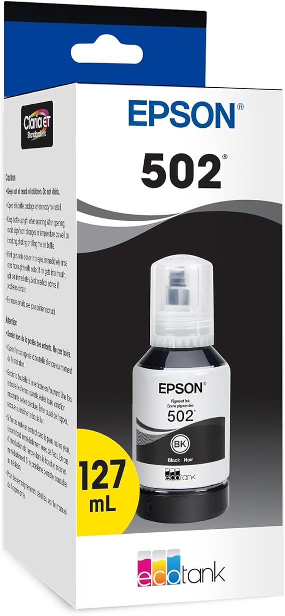 EPSON 502 EcoTank Ink Ultra-high Capacity Bottle Black Works with ET-2750, 2760, 2850, 3750, 3760, 3850, 4850, and other select models